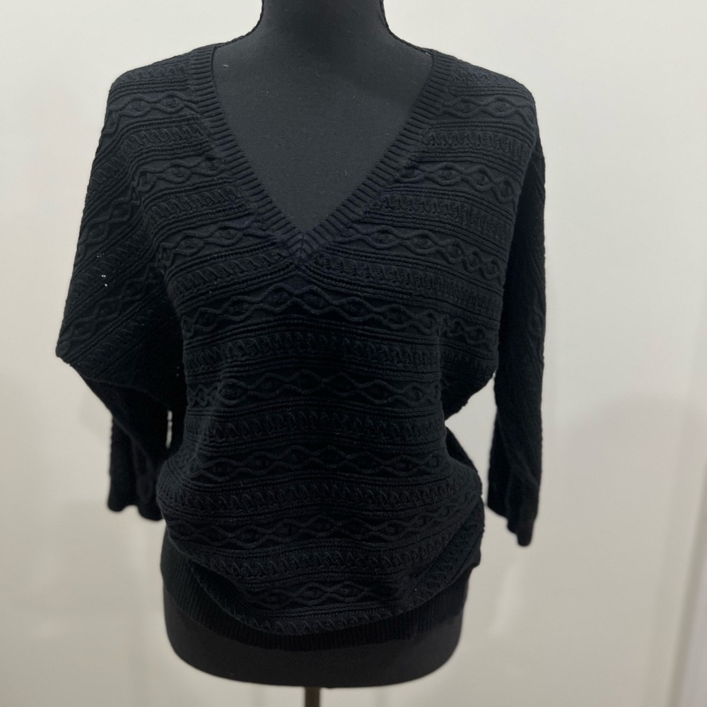 Lauren Ralph Lauren Womens Black Textured Knit V-Neck Sweater Size Large